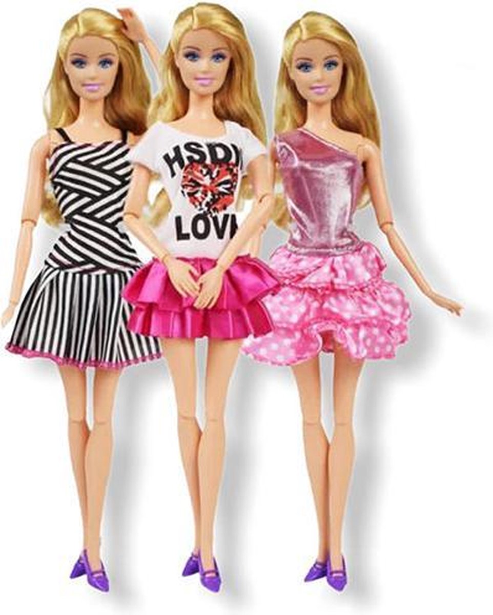 Barbie kleding - 3 Outfits voor poppen - Poppenkleertjes - Geschikt voor o.a Barbie - Setje Femke - Barbie kleertjes - GRATIS verzending